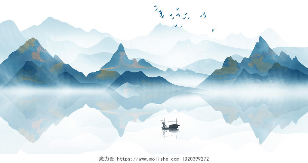 中国风水墨山水风景原创插画素材中国风蓝色山水风景原创插画素